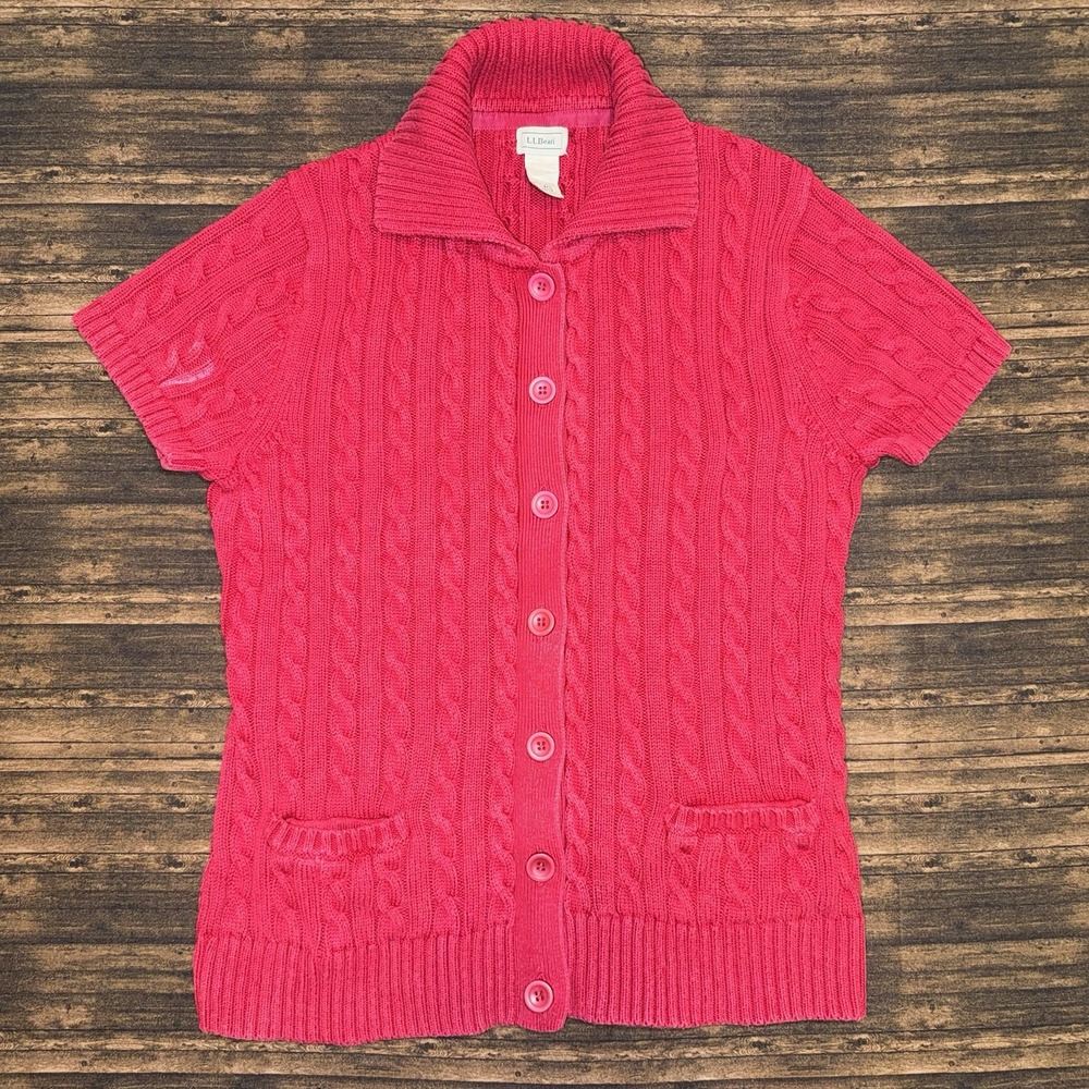 L.L. Bean Sweater Womens Large Cardigan Short Sleeve Cable Knit Red Button Up